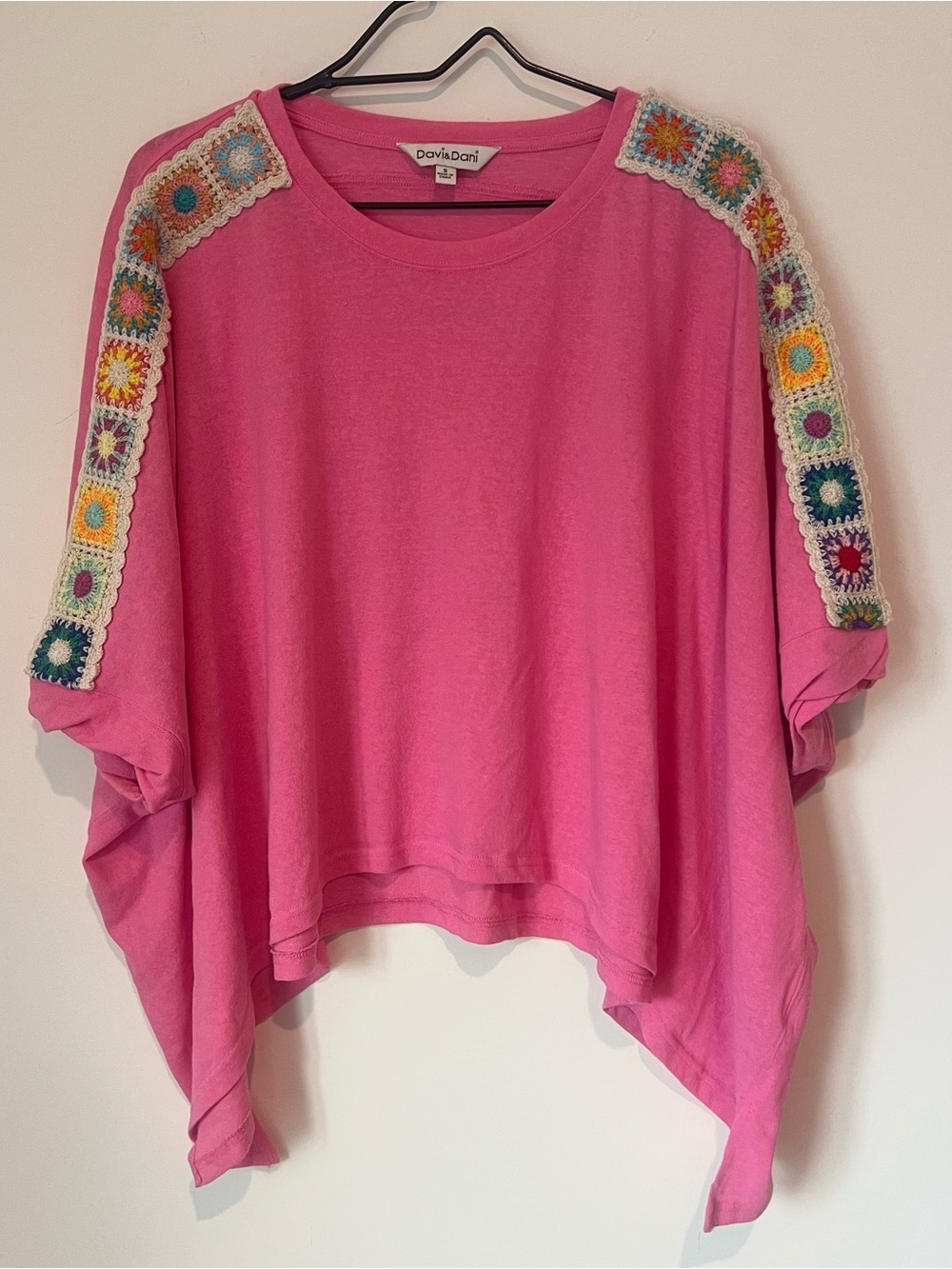 DAVI & DANI Pink Boxy Top with Colorful Crochet Shoulder Panels